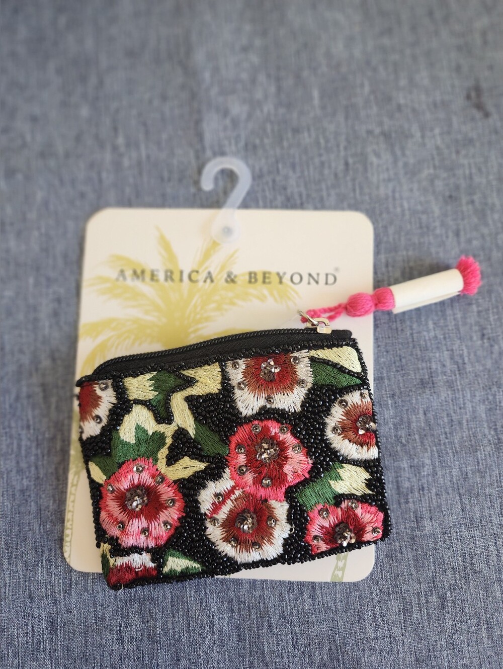 America And Beyond Black, Green, Pink And White  Floral Beaded Coin Purse New